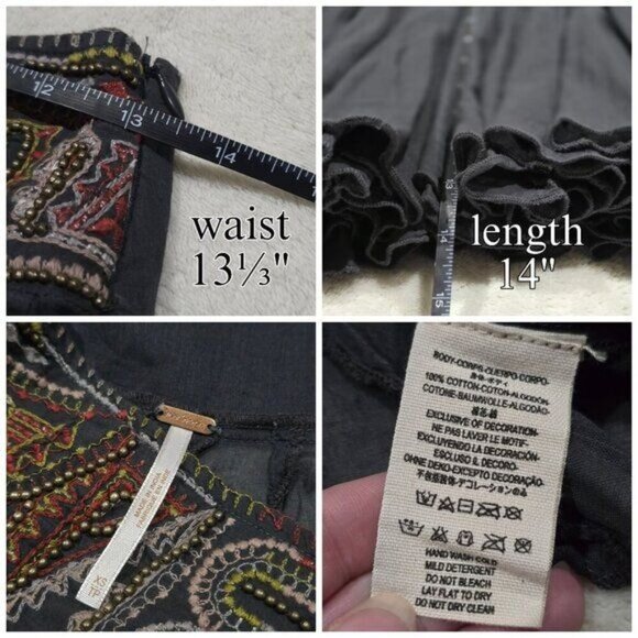 Free People ✦ Boho Charcoal Grey Mini Skirt ✦ Embellished Waistband XS EUC - Picture 8 of 8